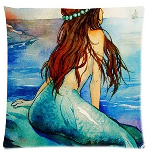 Cotton Linen Square Decorative Throw Pillow Case Cushion Cover Beautiful Watercolor Blue Mermaid At Seaside Art 18 "X18 " ¡­ ¡­