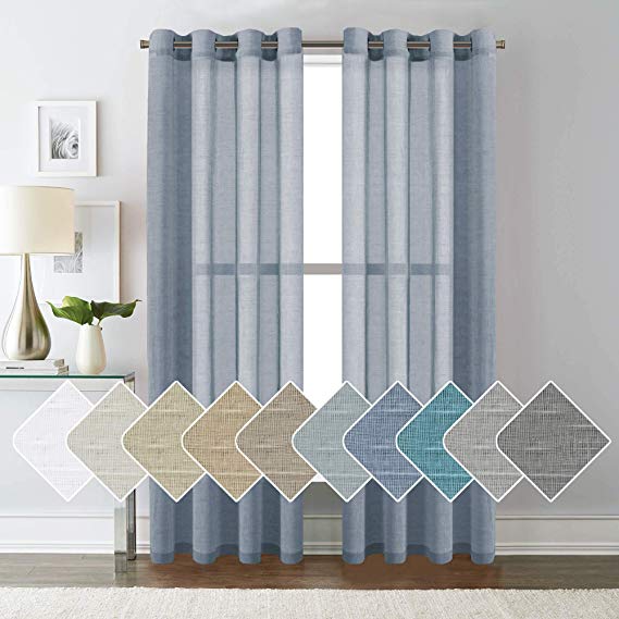 H.VERSAILTEX Open Weave Linen Curtains 84 Inches Long Semi Sheer Denim Curtains - Privacy Added Nickel Grommet Linen Curtain Panels for Living Room/Bedroom (2 Panels)