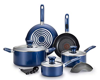 T-fal B037SE64 B037SE Excite ProGlide Nonstick Thermo-Spot Heat Indicator Dishwasher Oven Safe Cookware Set, 14-Piece, Blue