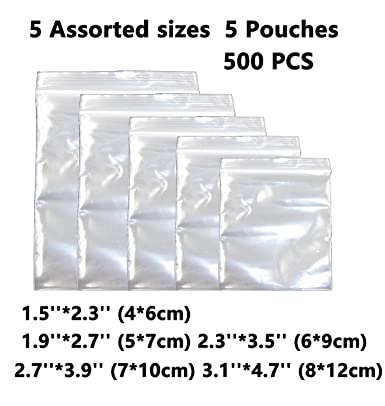 500 Pack 2 Mil Thick Poly Ziplock Bags, 5 Sizes, 1.5x2 2x3 2x3.5 3x4 3x5 Inch. Clear Durable Food Grade Safe PP Plastic Resealable Zipper Baggies for Jewelry, Bead, Toy Piece, Pill, Snack JBingGG