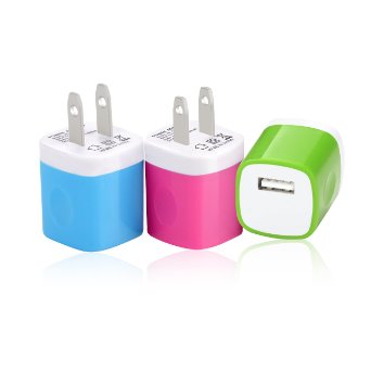 Wall Charger, BestElec 3-Pack USB AC 1AMP Universal Power Travel Home Wall Charger Plug for iPhone 6 Plus, 6s Plus, iPad, Samsung Galaxy S6 Edge, Note 5, LG and More(Rosered, Green, Blue)