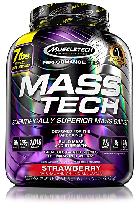 MuscleTech Mass Tech, Scientifically Superior Weight Gain Formula, Strawberry, 7 lbs (3.18kg)