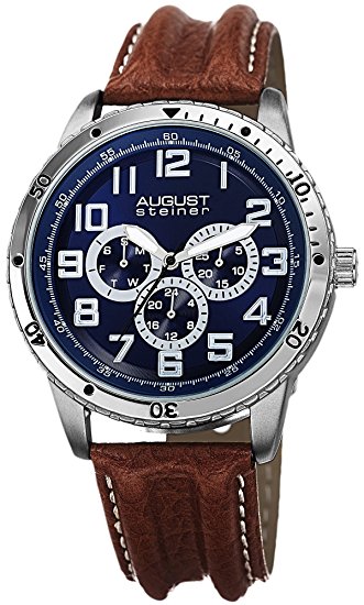 August Steiner Men's AS8116BR Multifunction Blue Dial Brown Leather Strap Watch
