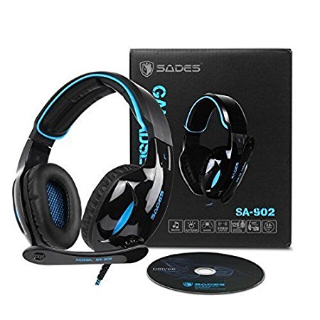 PC Gaming Headsets ,SADES SA902 USB Gaming Headphone 7.1 Virtual Sound Over-ear Headphone with Microphone In-line Volume Control LED Light (Blue）