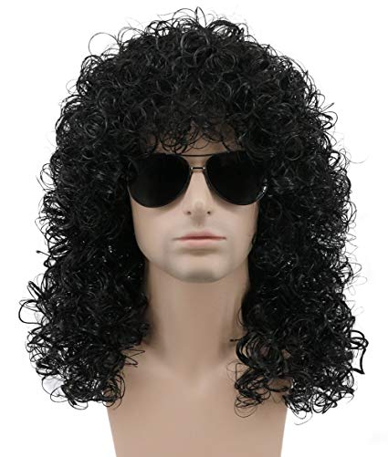 Karlery Mens Long Curly Black Hard 80s Rocker Wig Themed Party Wig Halloween Costume Anime Wig