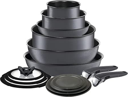 T-fal Ingenio Nonstick Cookware Set 14 Piece Induction Stackable, Removable Handle Pots and Pans, Dishwasher Safe Grey