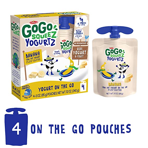 GoGo squeeZ YogurtZ, Banana, 3 Ounce (4 Pouches), Low Fat Yogurt, Gluten Free, Recloseable, BPA Free Pouches (Packaging May Vary)