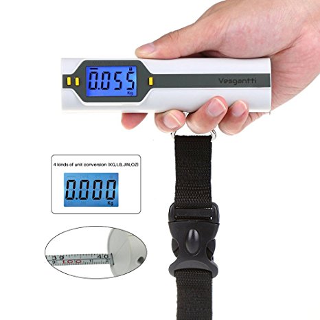 [Free Battery] Built-in 3ft Tape Measure Vesgantti ® Digital Luggage Scale with Backlight LCD, Temperature Sensor and Tare Function - Weight range from 0.02-50KG/110lbs