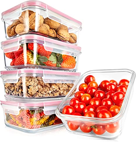 NutriChefKitchen 10-Piece Glass Food Containers - Stackable Superior Glass Meal-prep Storage Containers, Newly Innovated Leakproof Locking Lids w/ Air Hole, Freezer-to-Oven-Safe (Red) (NCCLX5R9)