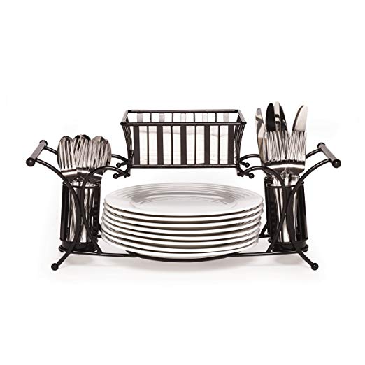 Gourmet Basics by Mikasa 5154842 Band and Stripe Metal Hostess Flatware Napkin and Plate Tabletop Buffet Picnic Caddy, Antique Black
