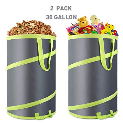 Hortem 2 Pack Leaf Bags Reusable, 30 Gallon Pop Up Garden Bag, Yard Collapsible Trash Can for Camping with Wind Band