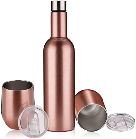 Insulated Bottle and Tumbler Set, Double Wall Vacuum Insulated Stainless Steel 25 Oz Wine Bottle and 2 Pack 12 Oz Wine Tumblers with Lids, Wine Gift Set, for Wine, Drinks, Champagne etc