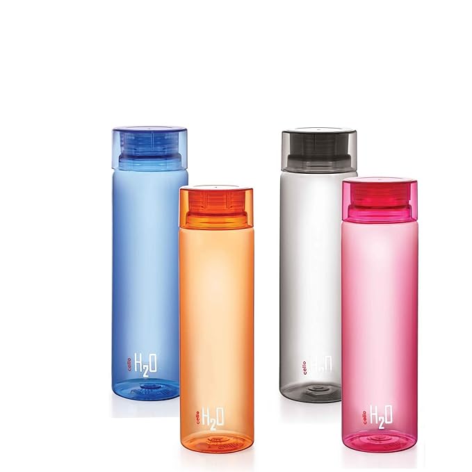 Cello H2O Round Unbreakable Plastic Water Bottle | Lid is sealed by a silicone ring | Leak proof & break-proof |Best Usage for Office/School/College/Gym/Picnic/Home/Fridge | 1 Liter | Assorted , Set of 4