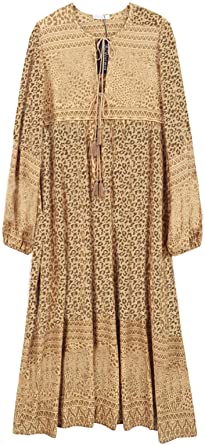 R.Vivimos Women's Long Sleeve Floral Print Retro V Neck Tassel Bohemian Midi Dresses