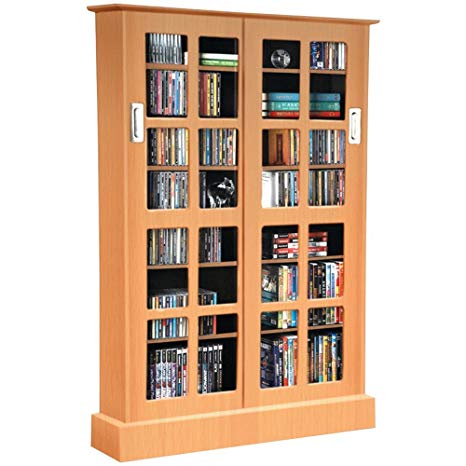 Atlantic Windowpane Media Cabinet With Sliding Glass Doors In Maple