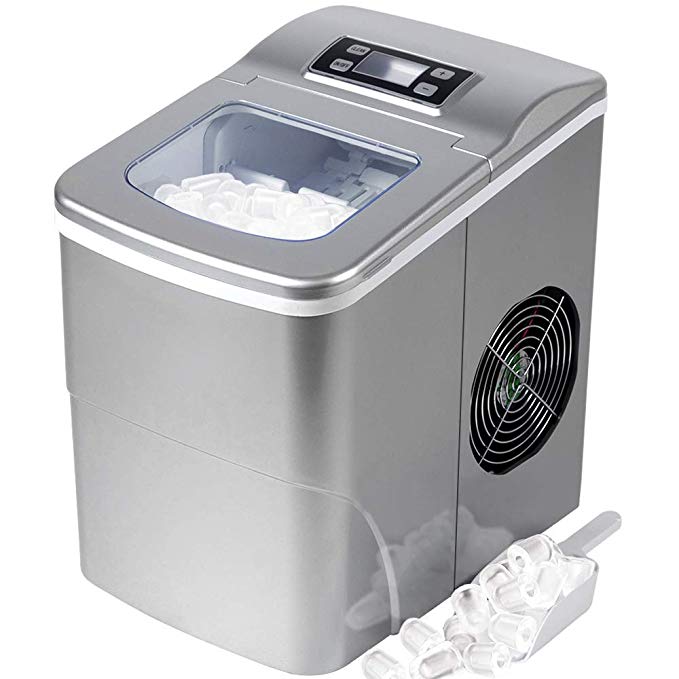 Tavata Portable Automatic Ice Maker Machine with Self-clean Function for Countertop, 9 Ice Cubes ready in 8 Minutes,Makes 26 lbs of Ice per 24 hours,with See-through Lid and LED lights (Silver)