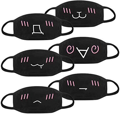 Accmor Fashion Anime Mouth Mask, 6 Pack Black Cute Unisex Anti-Dust Face Mouth Kawaii Muffle Mask for Kids Teens Men Women, Windproof Motorcycle Face Emoticon Masks for Ski Cycling Camping Halloween