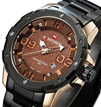 Tonnier Men's Stainless Steel Calendar Watch, Unique Rose Gold Case&Brown Dial