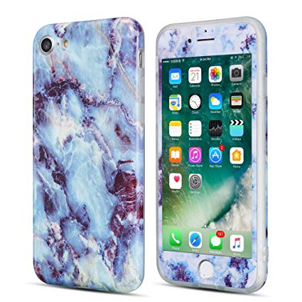 UEEBAI Case for iPhone 8,Premium Ultra Slim [Support Wireless Charging] Granite Marble [Tempered Glass Screen Protector] Anti-scratch Bumper Glossy TPU Soft Cover for iPhone 7/iPhone 8 - Blue