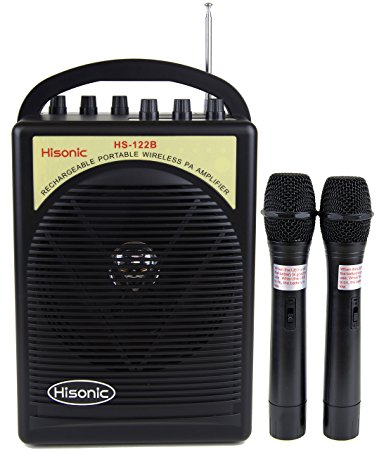 Hisonic HS122B-HH Dual Channel 40 Watts Lithium Battery Rechargeable Portable PA System with 2 Hand Held Microphone, BLACK