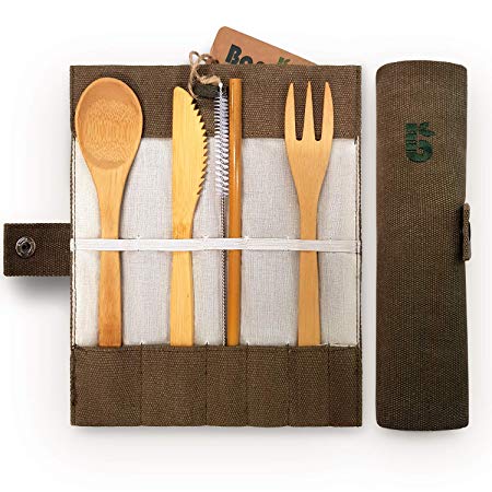Bamboo Cutlery Set | Travel Cutlery Set | Eco Friendly Flatware Set | Knife, Fork, Spoon and Straw| Wooden Cutlery Set | Camping Cutlery Set with Travel Pouch | 20 cm | Bambaw