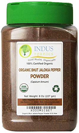 Indus Organics Authentic Indian Bhut Jolokia Chili Pepper (Ghost Pepper) Powder, 8 Oz Jar, Steam Sterilized, High Purity, Freshly Packed