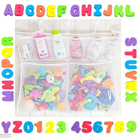 The Really Big Tub Cubby Baby Bath Toy Organizer   36 Foam Letters & Numbers   Large Quick Dry Bathtub Storage Net   6x Lock Tight Suction Hooks & 3M Stickers - Sure Not To Fall.