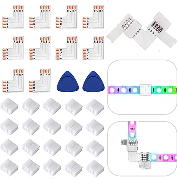 L Shape 4-Pin LED Connector - iCreating 10PCS 10mm Wide Right Angle RGB Solderless Adapter LED Light Strip Tape 90 Degree Corner Connectors DIY Kit for 3528 5050 SMD RGB 4 Conductor LED Strip Lights