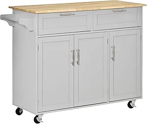 HOMCOM Isla de Cocina Carro de Cocina con Ruedas Carrito de Servicio Multiusos con 2 Cajones 3 Puertas Estantes Ajustables y Barra Colgante para Comedor 121x46x91 cm Gris