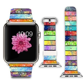 Apple Watch Band+adapter 38mm Stainless Steel Silver Metal Replacement Strap Wrist Band for iPhone Watch 38mm (100% Leather Retro colorful horizontal stripes)