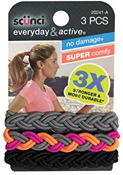 Scunci Everyday and Active 3-Strand Braided Elastics , No Damage, Super Comfy, 3X Stronger (Assorted Colors) 3-PCS
