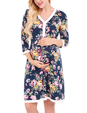 Monrolove Women's Maternity Pregnancy Floral Dress Nursing Nightgowns Breastfeeding Sleepwear