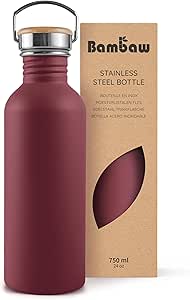 Bambaw Water Bottle Stainless Steel 24 oz, Red Water Bottle no Straw, Non Insulated Metal Water Bottle, Wide Mouth Water Bottle Metal, Hiking Water Bottle, Stainless Steel Water Bottle – Red Berry