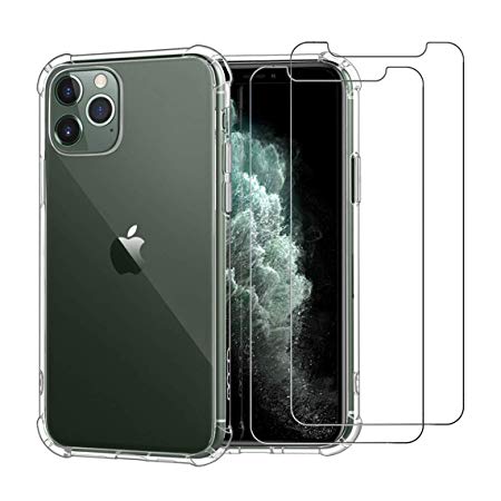 iLiebe Compatible with iPhone 11 pro case,with [2 x Tempered Glass Screen Protector] Clear Protective Heavy Duty Case with Soft TPU Bumper [Slim Thin] Case for iPhone 5.8 Inch (2019) - Crystal Clear
