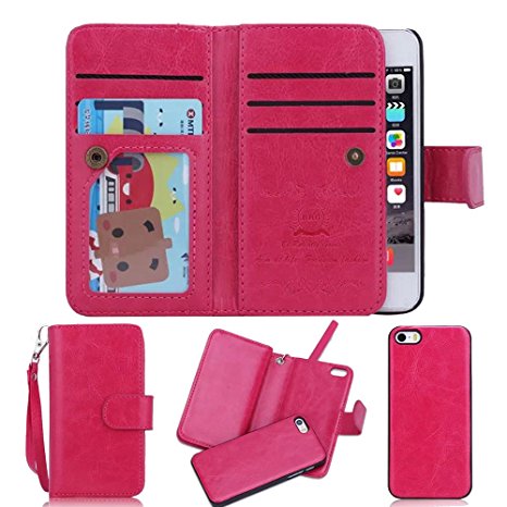 iPhone SE Detachable Wallet Case, SOUNDMAE 2-in-1 Magnetic Removable Multi-function 6 Card Slots Cash Holder Folio Flip PU Leather Wallet With Wrist Strap Case Cover For iPhone SE [Rose Red]