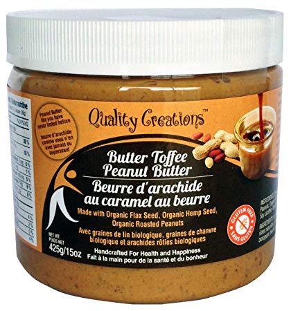 Organic Butter Toffee Peanut Butter - Fresh Made. Small Batches. Award Winning. Keto. 6 grams Protein. Low Carb and Sugar. Highest Quality Ingredients: Organic Roasted Peanuts, Flax & Hemp. 425g/15oz
