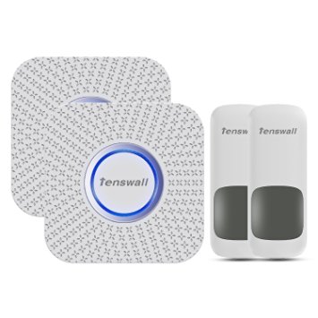 Wireless Doorbell By Tenswall- Waterproof Door Bell Kit- 1000 Feet Operating, 52 Chimes, 4 Level Volume, LED Indicator, 2 Remote Buttons & 2 (No Battery) Plug-In AC Receivers (White)- Easy Installation