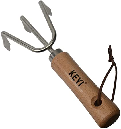 KEYI Garden Hand Cultivator for Tilling Soil,Smooth Natural Ash Wood Handle and Leather Strap - Great Gift for Gardener