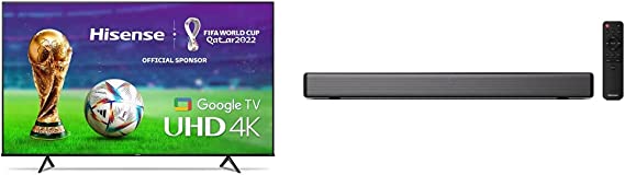 Hisense A6 Series 43-Inch Class 4K UHD Smart Google TV & HS214 2.1ch Sound Bar with Built-in Subwoofer, 108W, All-in-one Compact Design with Wireless Bluetooth