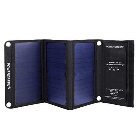 PowerGreen Solar Charger with Dual USB 21W Foldable SunPower High Efficiency Outdoor Solar Panel for Cell Phones and All 5V Digital Devices