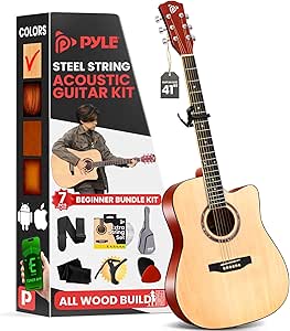 Pyle Beginner Cutaway Acoustic Guitar Kit, 4/4 Full Size All Wood Dreadnought Stringed Instrument with Gig Bag, Steel Strings, Picks, Strap, Capo, For Students and Adults, Natural