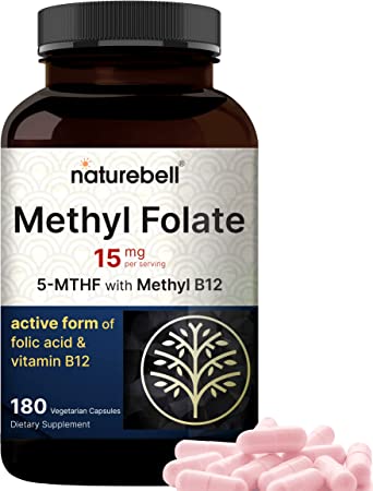 Methyl Folate 15mg (5-MTHF) with Vitamin B12 1000mcg, 180 Vegetarian Capsules | High Potency Dual Action for Energy & Cognitive Support, Active Folic Acid - L-Methylfolate, Gluten Free, Non-GMO