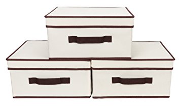 StorageWorks Polyester Canvas Storage Drawer with Lid for Hanging Closet Organizer, Foldable Basket Bin, Natural, 3-Pack