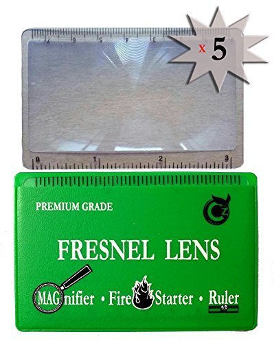 5 Pack Premium Grade Fresnel Lens Pocket Wallet Credit Card Size - Magnifier - Solar Fire Starter - Ruler - Unbreakable Plastic for Home Office Classroom & Outdoor EDC Survival Kit Bushcraft