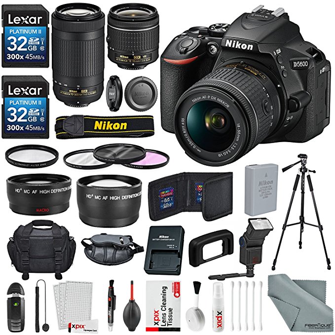 Nikon D5600 DSLR Camera with NIKKOR 18-55mm   70-300mm Lenses W/ 2x 32GB Memory Card   Digital Slave Flash   Filters, Telephoto & Wideangle Lens, Xpix Lens Accessories with Deluxe Bundle