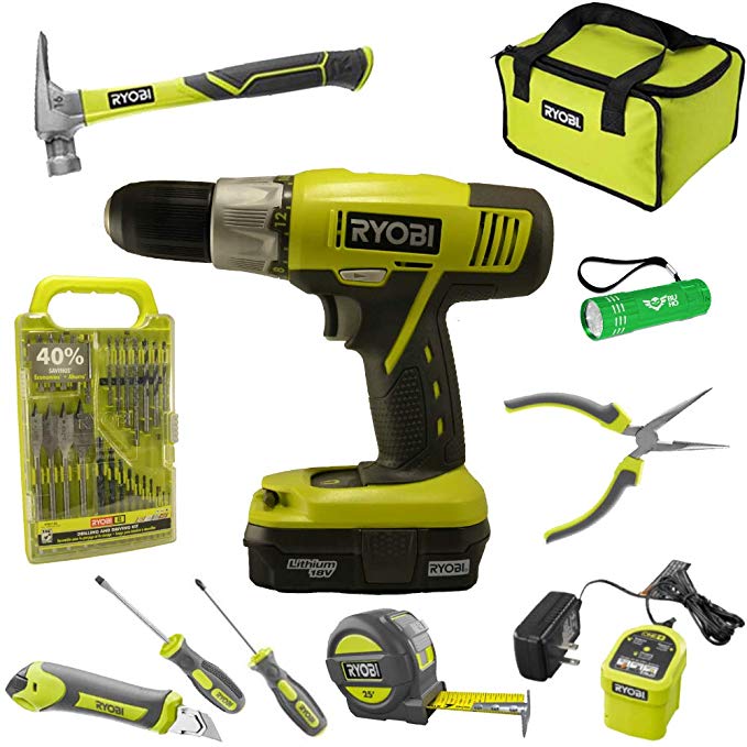 Ryobi Household Tool Set Bundle with Ryobi 18V ONE  Drill, Drill Bits, Household Tools and Buho Pocket Flashlight