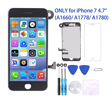 for iPhone 7 Screen Replacement Black 4.7" LCD Display 3D Touch Digitizer Frame Assembly Full Repair Kit, with Proximity Sensor, Earpiece Speaker, Front Camera, Free Screen Protector, Repair Tools