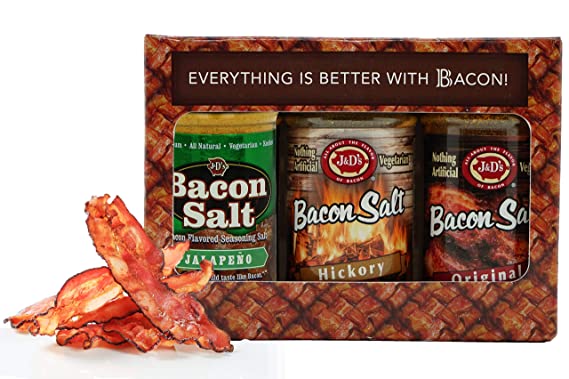 J&Ds Bacon Salt 3 Flavor Gift Box - Bacon Cure Seasoning Kit - Original, Hickory & Peppered Bacon Flavors - Vegan & Kosher Infused Salt – Unique Gift for Food Lover’s - 3 x 2 Ounce Jars