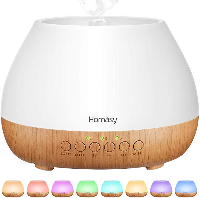 VicTsing Homasy 500ml Essential Oil Diffusers for Aromatherapy, Large Capacity for 20H Use, Quiet Aroma Humidifier with 8-Color Nightlight, Sleep Mode & 3 Timer Setting, Waterless Auto-Off-Wood