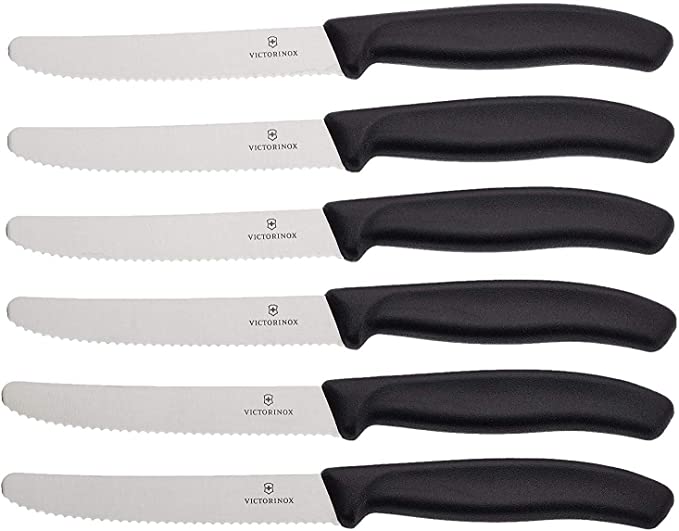 Victorinox Swiss Classic Tomato and Table Knife Set for Everyday Family Dining Serrated Blade in Black, Set of 6